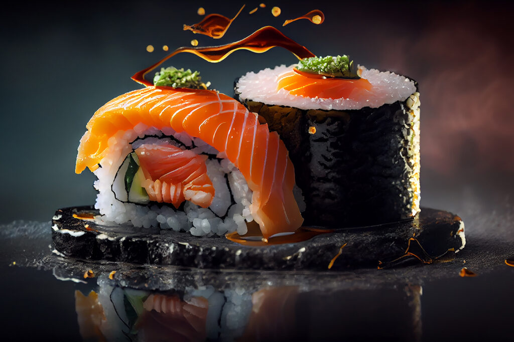 Fresh seafood meal, sushi plate with sashimi slice ,generative artificial intelligence